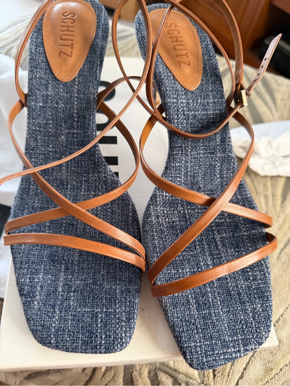 Schutz Tan Leather Strappy Heels with Blue Tweed Denim Footbed
